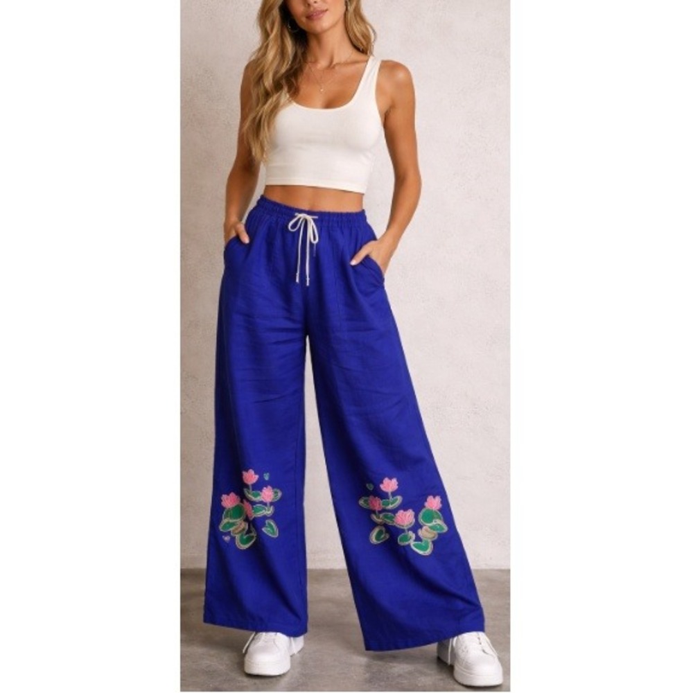 Labyrinthave Women's Blue Brishti Embroidered Wide Leg Trousers Size XXXL NWT